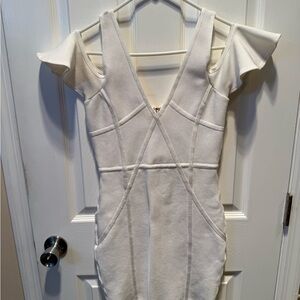 bebe White One-Shoulder V-Neck Bodycon Dress with Flutter Sleeve